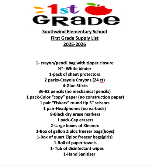 1st Grade Supply List 2025-2026